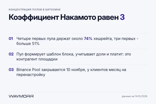 Концентрация пулов в биткоине: четыре адреса держат 74% сети